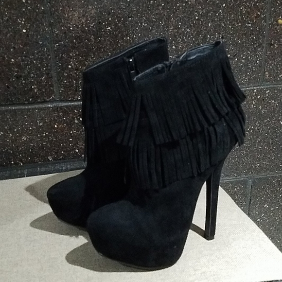 BLACK PLATFORM BOOTIES W FRINGES SUPER HIGH HEELS MOBWIFE CLUBWEAR GOING OUT - Picture 10 of 11
